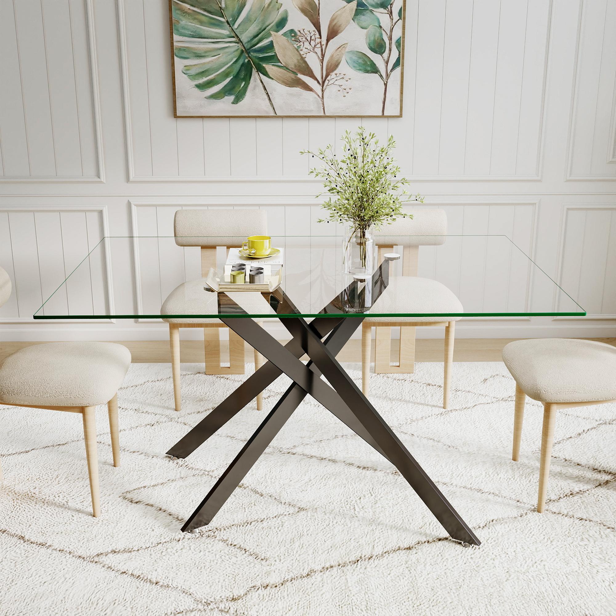 Rectangular Transparent Tempered Glass Dining Table - Modern Design with Black Metal Legs, Shatter-Resistant Surface for Kitchen & Dining Room(ONLY TABLE)