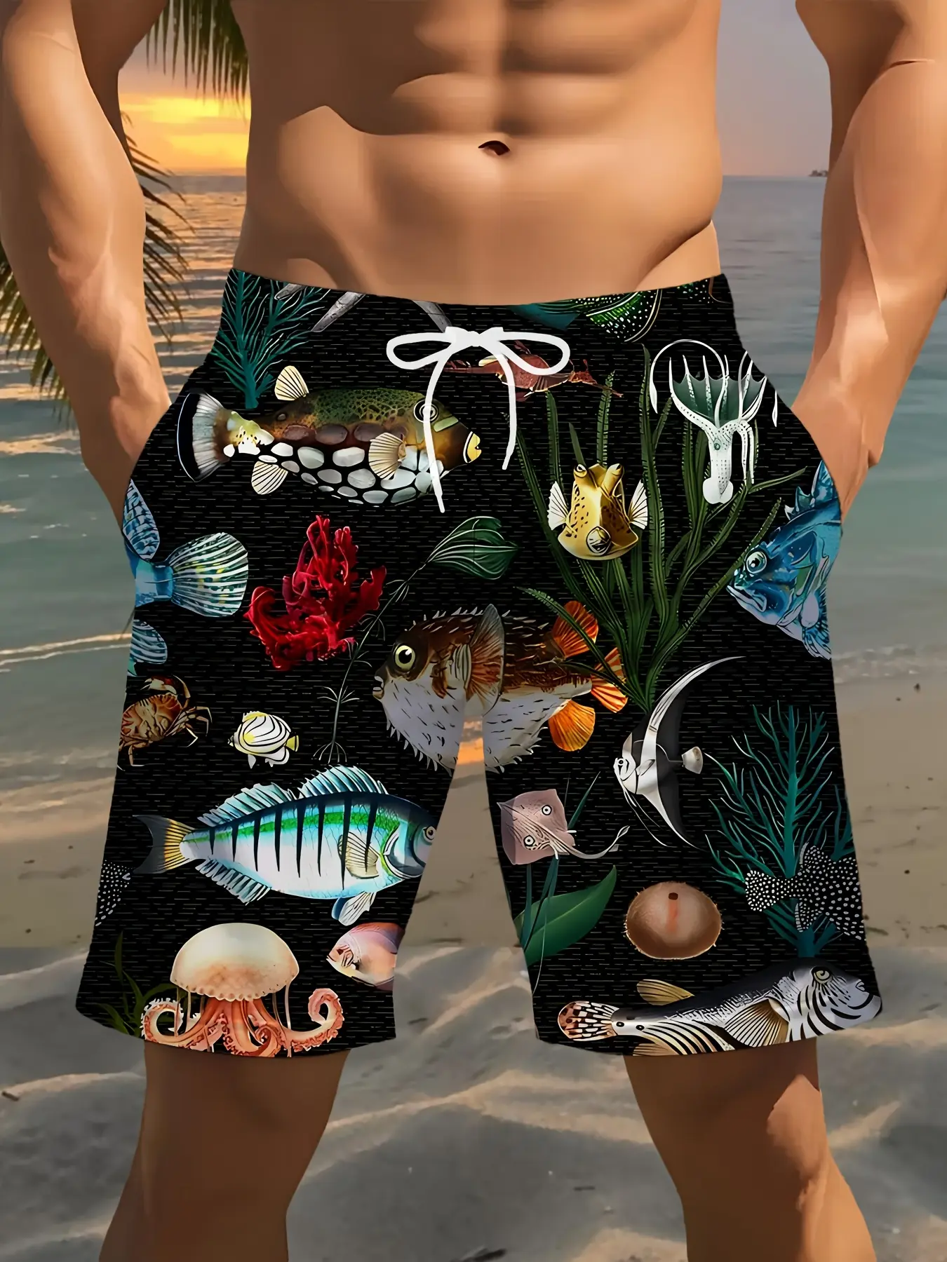 Men'S Beach Shorts with 3D Fish Print - Lightweight Polyester Drawstring Waist, Quick-Dry Summer Swim Trunks for Golf, Fishing, Basketball, Camping & Gym - Comfortable Casual Shorts for Men, Beach Shorts, Vacation Swimwear, Vibrant Pattern, Quickdry Mater