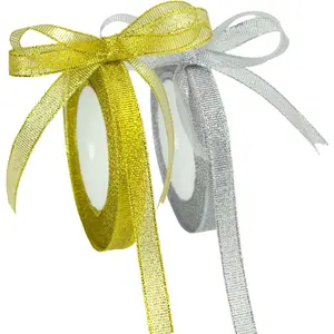 50 Yards 3/8 Inch Metallic Ribbon with  &  Threads, Glitter Ribbon for  Wrapping, Christmas, Valentine's Day, Bouquet, and DIY Decor(,)