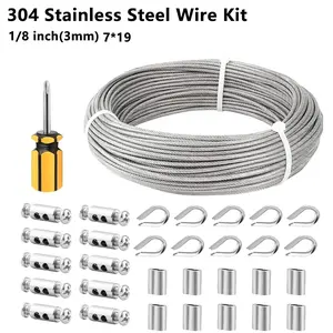 1 Set 1/8 Inch (diameter 3mm) Steel Wire Rope, 304 Stainless Steel, 7x19 Strand, for Hanging Lights, Clothesline, Outdoor Tent, Plant Climbing
