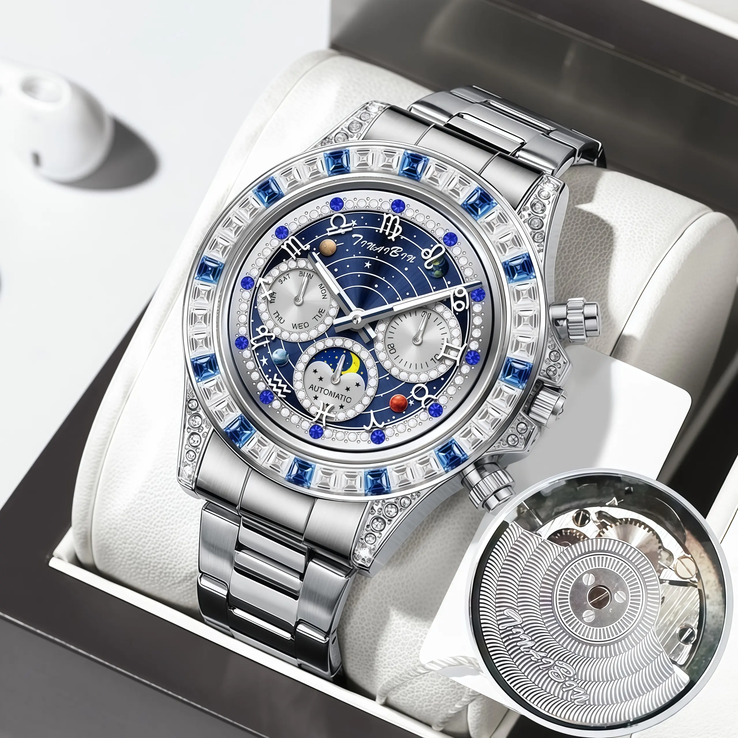The TINAIBIN Zodiac Series Luxury Diamond Multifunctional Men's Mechanical Watch features an original Swiss movement and sapphire crystal; the strap is made of stainless steel, while it also boasts water resistance and luminous hands.