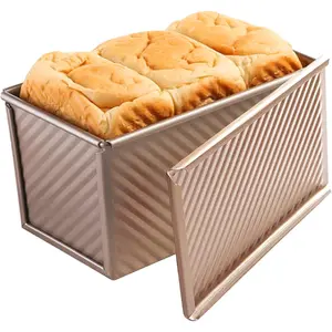 Pullman Loaf Pan with Lid, Non-Stick Bakeware Corrugated Carbon Steel Bread Toast Box Mold with Cover for Baking Bread, 1 lb Dough Capacity, Black/Golden Randomly Color, loaf pan with lid for baking