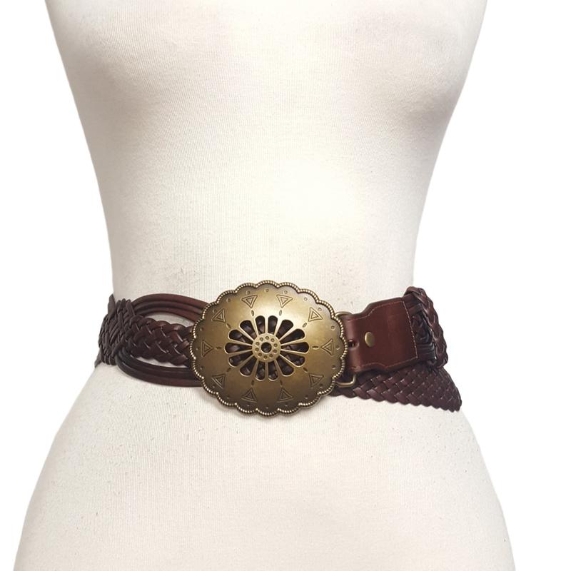 Hand Braided Leather Belt with Navajo-Style Floral Buckle