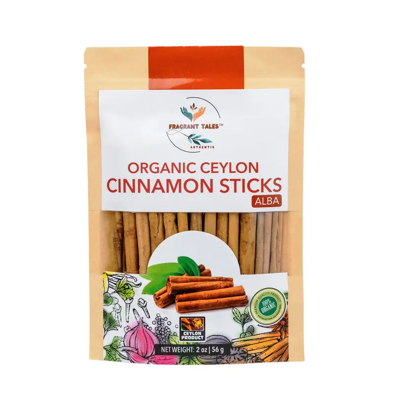 Fragrant Tales Organic Ceylon Cinnamon Sticks Alba Grade Non-GMO Certified 2 oz Refill Pouch for Cooking & Baking Spice Flavor