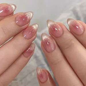 Pink Ombre Blush Cat Eye Press On Nails, Short Almond Translucent Glitter Fake Nails, Perfect For Dating Wedding Party Daily Wear