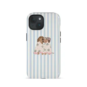 Cute Cartoon Dachshund Phone Case, Blue Striped Background, Dual-Use Pet Pattern, Durable Shockproof Fashion Cover for iPhone & Samsung