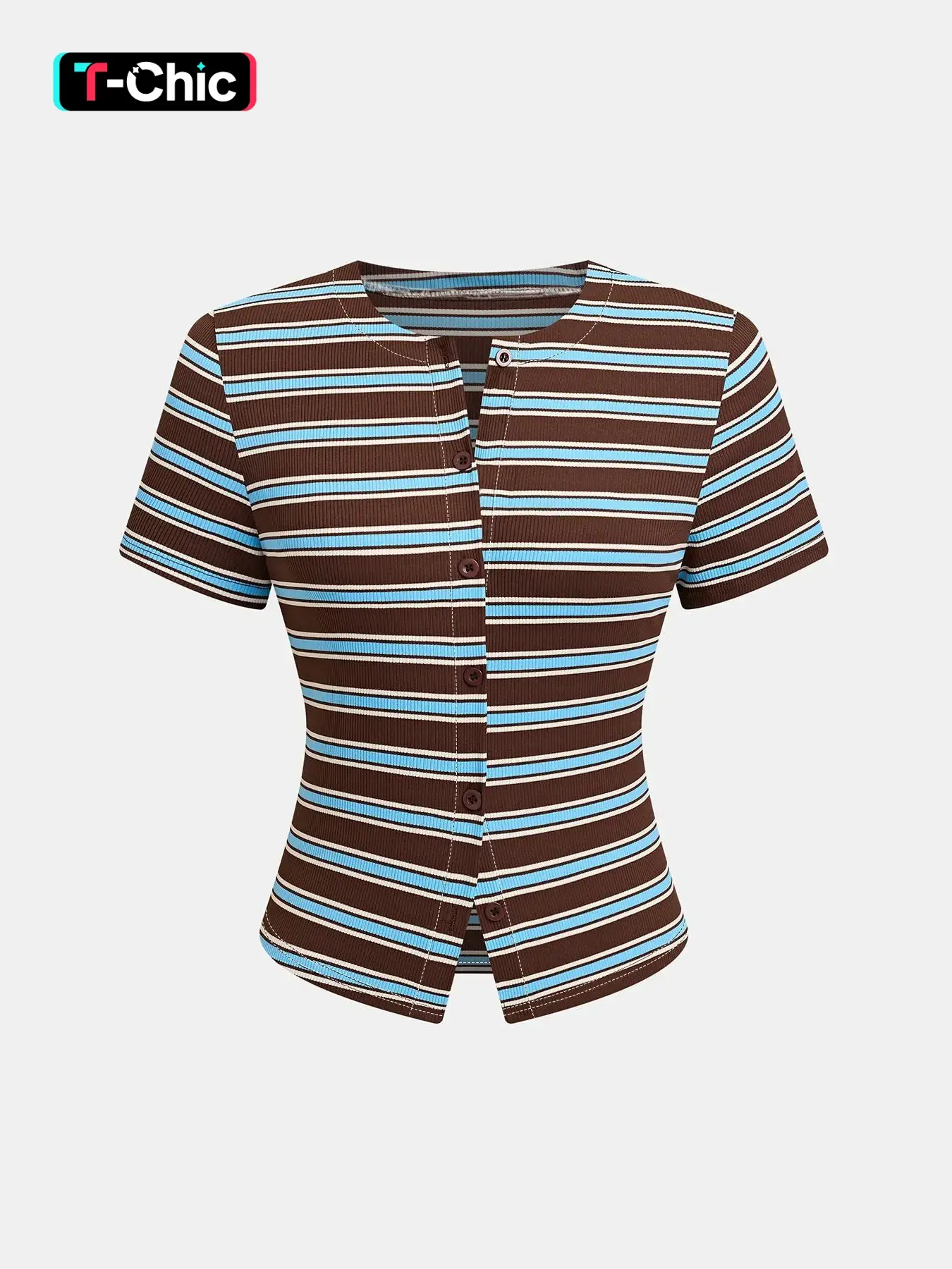 1 Piece Striped Americana Stripe Ribbed Single Breasted Short Sleeve Slim Fit Women Top Shirts, Elegant Chic Casual Office Wear Blouse