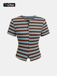 1 Piece Striped Ribbed Single Breasted Short Sleeve Slim Fit Top, Elegant Chic Casual Office Wear Blouse