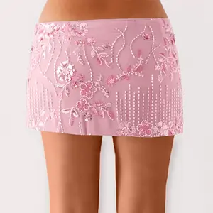Women’s Sequined Low-Rise Mini Bodycon Skirt with Beaded Flowers — Trendy Summer Streetwear, Floral Polyester Party Skirt