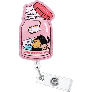 Anti Depressants Funny Cat Nurse Badge Reel, Cute Pink Retractable ID Card Badge Holder with Alligator Clip, Name Tag Medical Badge Buddy for Nurse Psychiatrist Psychotherapist Medical Staff Cat Lover