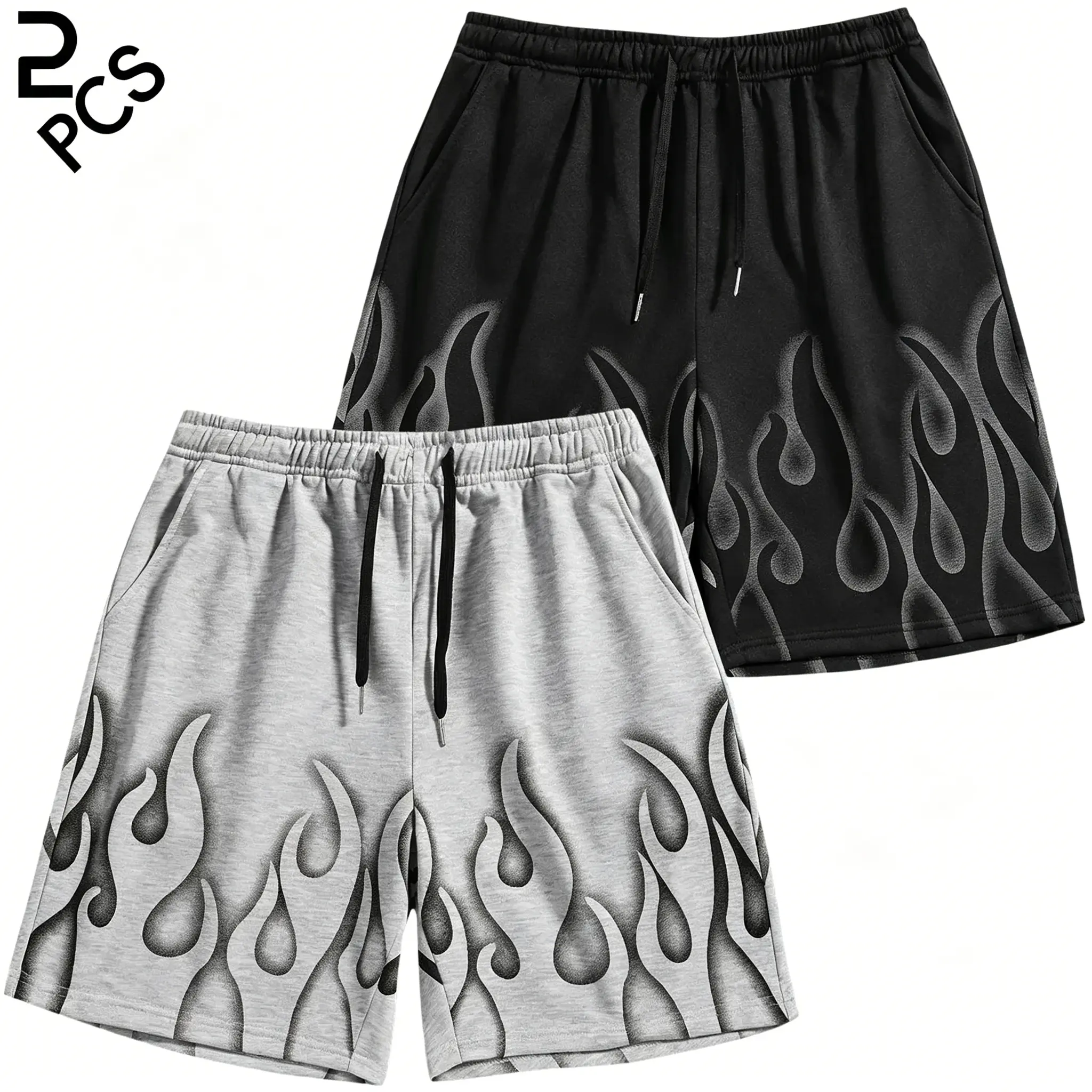 Pack of 2. Men’s Flame 5-inch shorts, trendy street Y2K hip-hop athletic shorts with elastic waistband and drawstring