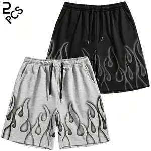 Pack of 2. Men’s Flame 5-inch shorts, trendy street Y2K hip-hop athletic shorts with elastic waistband and drawstring
