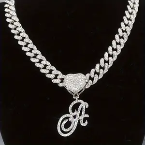 1pc Initial Letter Necklace for Men And Women Silvery Cuban Chain Heart Shaped Letter Pendant Necklace Hip Hop Jewelry Gift