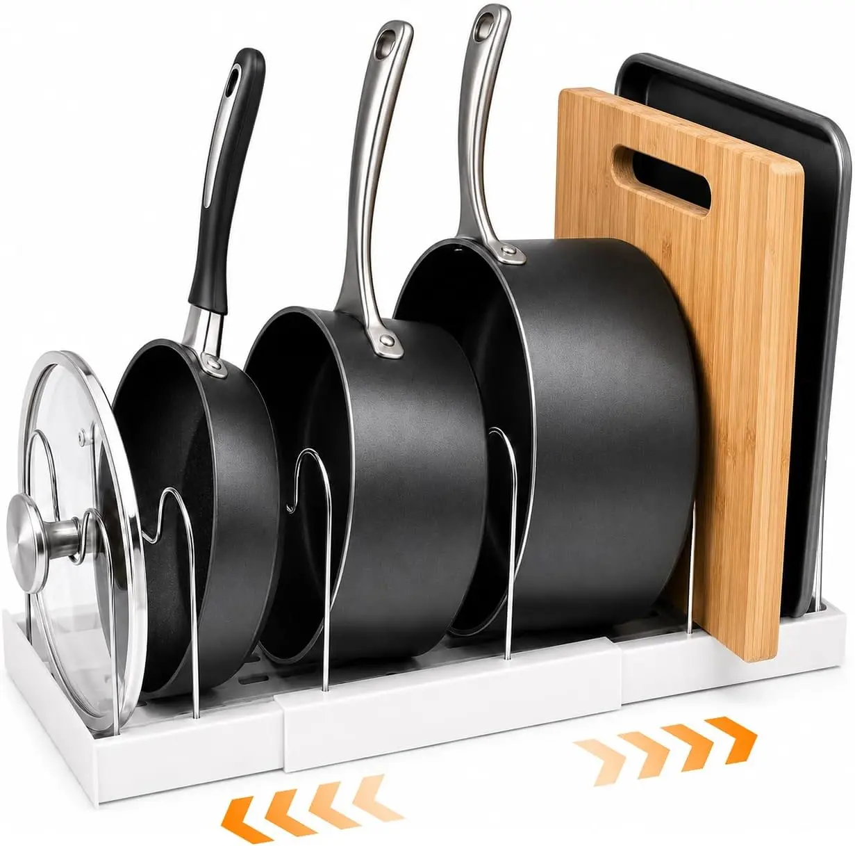 Expandable Food Storage Container Lid Organizers, 22" Pots and Pans Organizer Under Cabinet with 9 Adjustable Dividers Pot and Pan Lid Holders Rack Inside Cabinet(White,1 Pack)