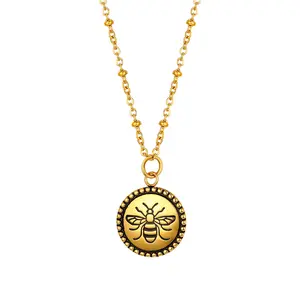 OIDEA Gold Tone Round Bee Pendant Necklace Stainless Steel Vintage Charm Chain for Women Men