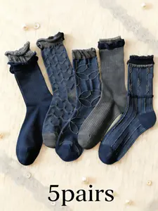 5 pairs of retro vintage navy blue lace-up mid-calf socks with comfortable floral embossed designs, Casual, suitable for women's daily wear and versatile matching accessories