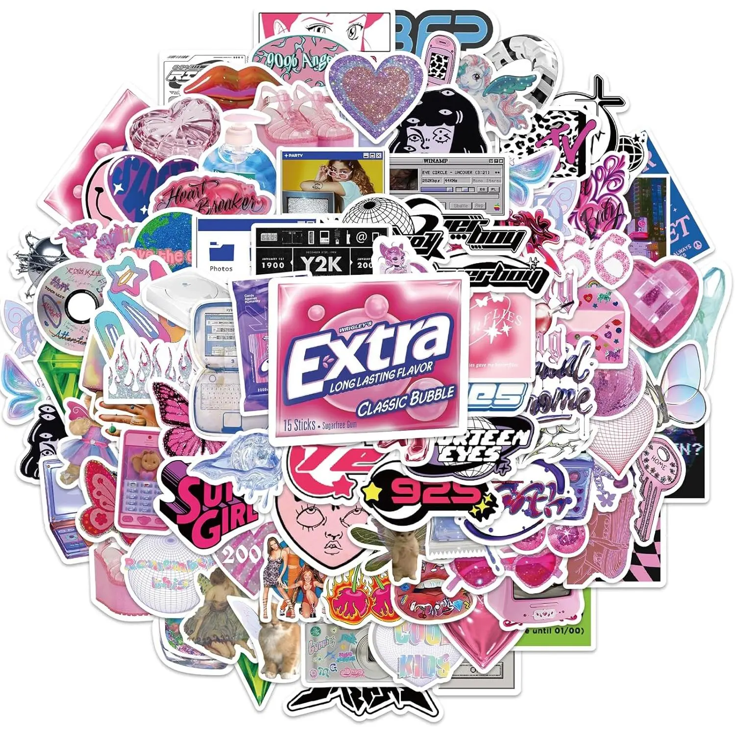 2000s Retro Aesthetic Stickers, 106 Cool 2000s Internet Trend Stickers, Suitable for Laptops, Guitars, Water Bottles, Vinyl Waterproof Stickers, Birthday Gifts for Girls, Children, and Teens