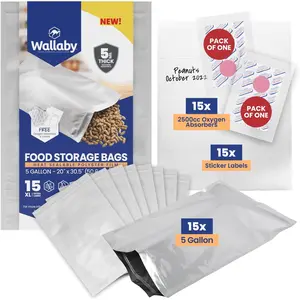 Wallaby 5-Gallon Mylar Bags with 2500cc Oxygen Absorbers (15 Count) 10 Mil Total Thickness - Resealable Heat-Sealable Airtight Packaging - Silver