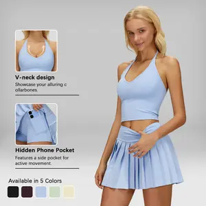 Women's 2-Piece Tennis Skirt Set, Halter Neck Padded Sports Bra & Pleated Skort With Built-In Shorts Hidden Pocket, Four-Way Stretch Quick-Dry Breathable Outfit For Tennis Golf Dance Running, Women's Clothing Activewear Matching Set