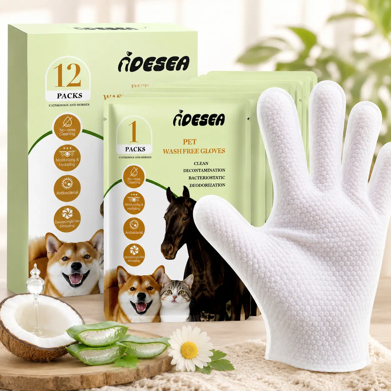 Dog and Cat Grooming Glove Wipes, Pet Cleaning Mitts for Everyday Care, Convenient Glove-Style Wipes for Home, Travel, and After-Walk Cleanup, 12 Count
