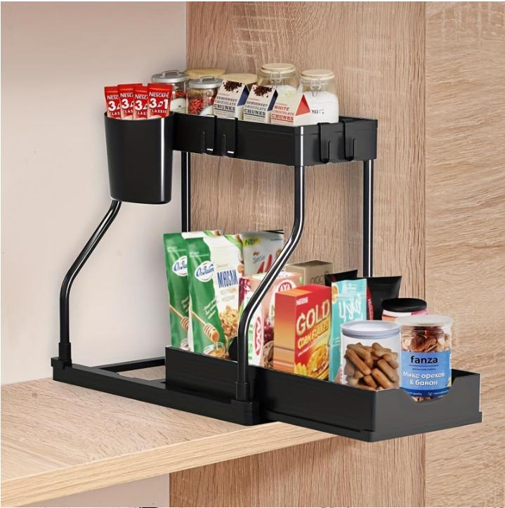 Under Sink 2-Tier Sliding Organizer with Frame Pull-Out Storage Basket Space-Saving for Kitchen Bathroom Laundry Room Sturdy Metal Frame Smooth Sliding Mechanism Adjustable Acrylic Straw Holder blade stand cork