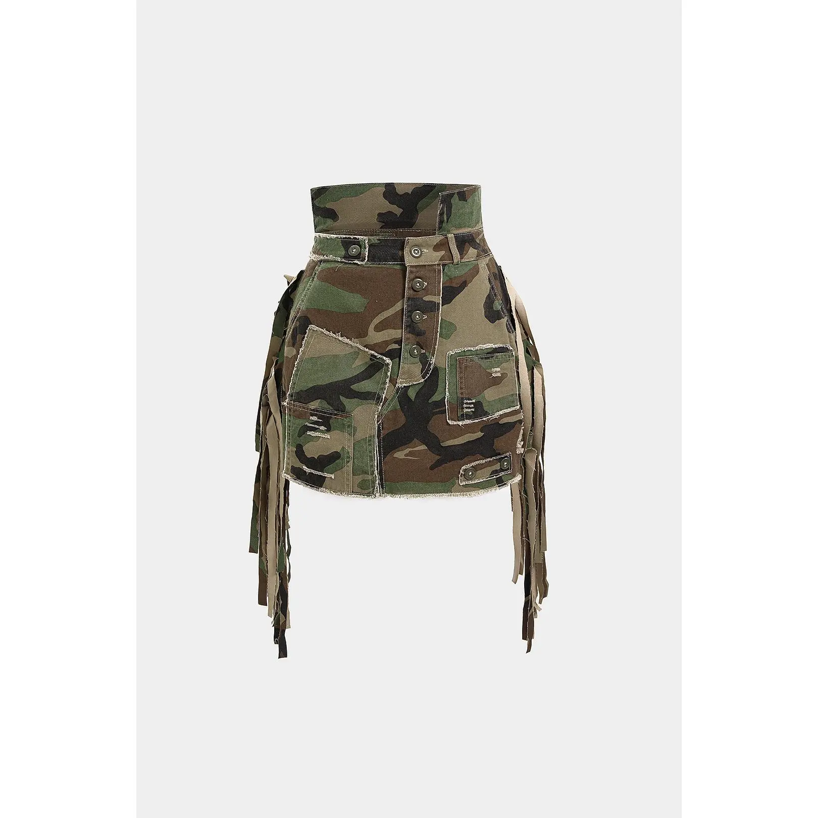 Camo Frayed Patchwork Fringe Mini Skirt