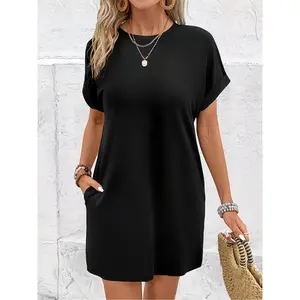 Women's Solid Color Polyester-Spandex Smooth T-Shirt Dress - Loose Casual Summer Short-Sleeve Pocket Style, Loungewear, Ideal Gift Choice