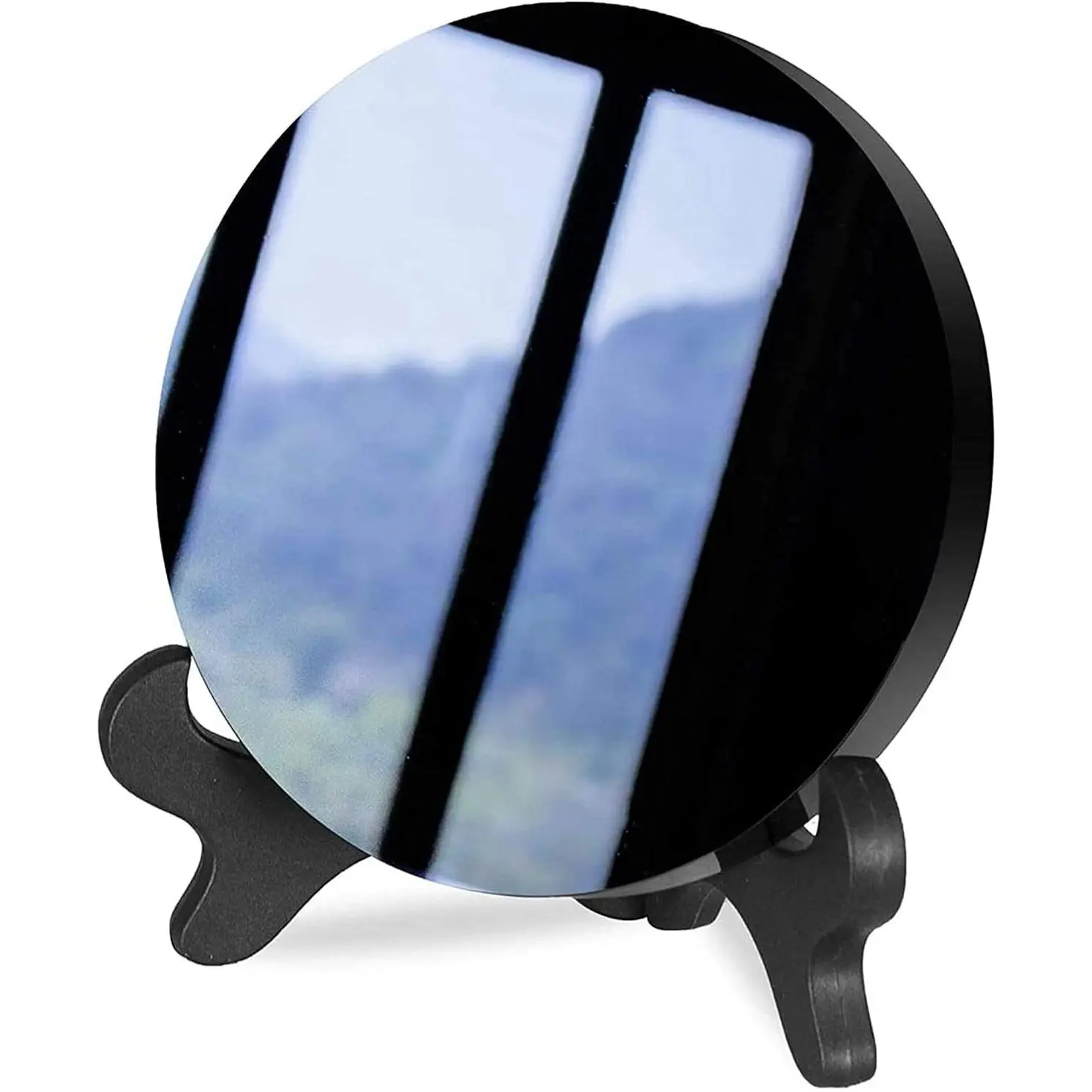 Black Obsidian Scrying Mirror, Black Obsidian Circle Disc Feng Shui Mirror with Stand,  Desk Decor (8cm)