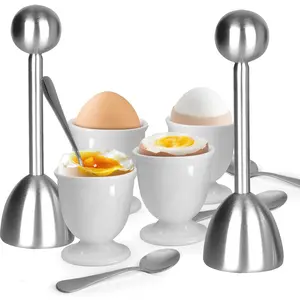 Egg Cups and Egg Cracker Set for Soft Boiled Eggs, 2 Stainless Steel Egg Cutters, 4 Stainless Steel Spoons and 4 Ceramic Egg Stands for Kitchen Breakfast Parties