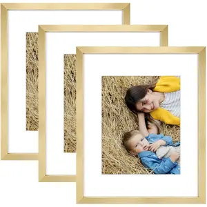 16x20 Picture Frame Set of 3 - Matted to 11x14 Photo - Engineered Wood Gallery Frame Set with Plastic Cover - Wall Mounting (Gold, 3 Pack)