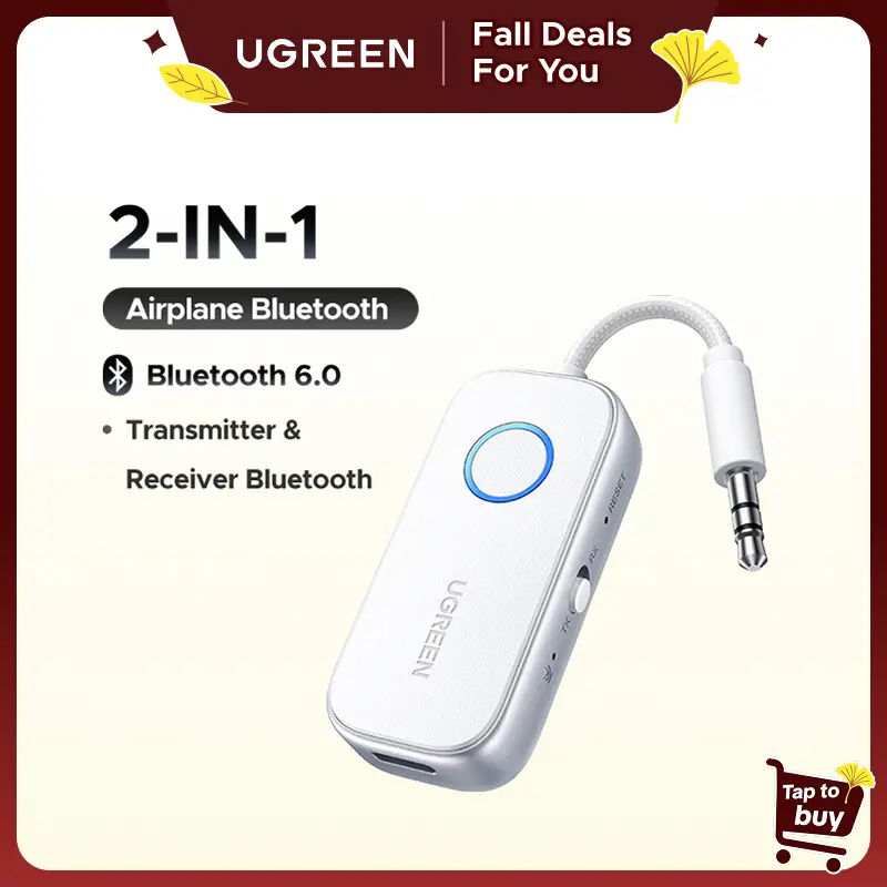 UGREEN Airplane Bluetooth 6.0 Transmitter Receiver for 2 Airpods or Headphones, Airplane Travel Essentials 2-in-1 Wireless Bluetooth Adapter, 3.5MM AUX Jack Adapter on Flight, TV, Car Stereo,tiktokshopfalldealsforyou