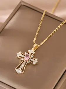 1pc Luxurious & Fashionable Copper Cross Pendant Necklace Embellished With Zirconia, Dating Gift