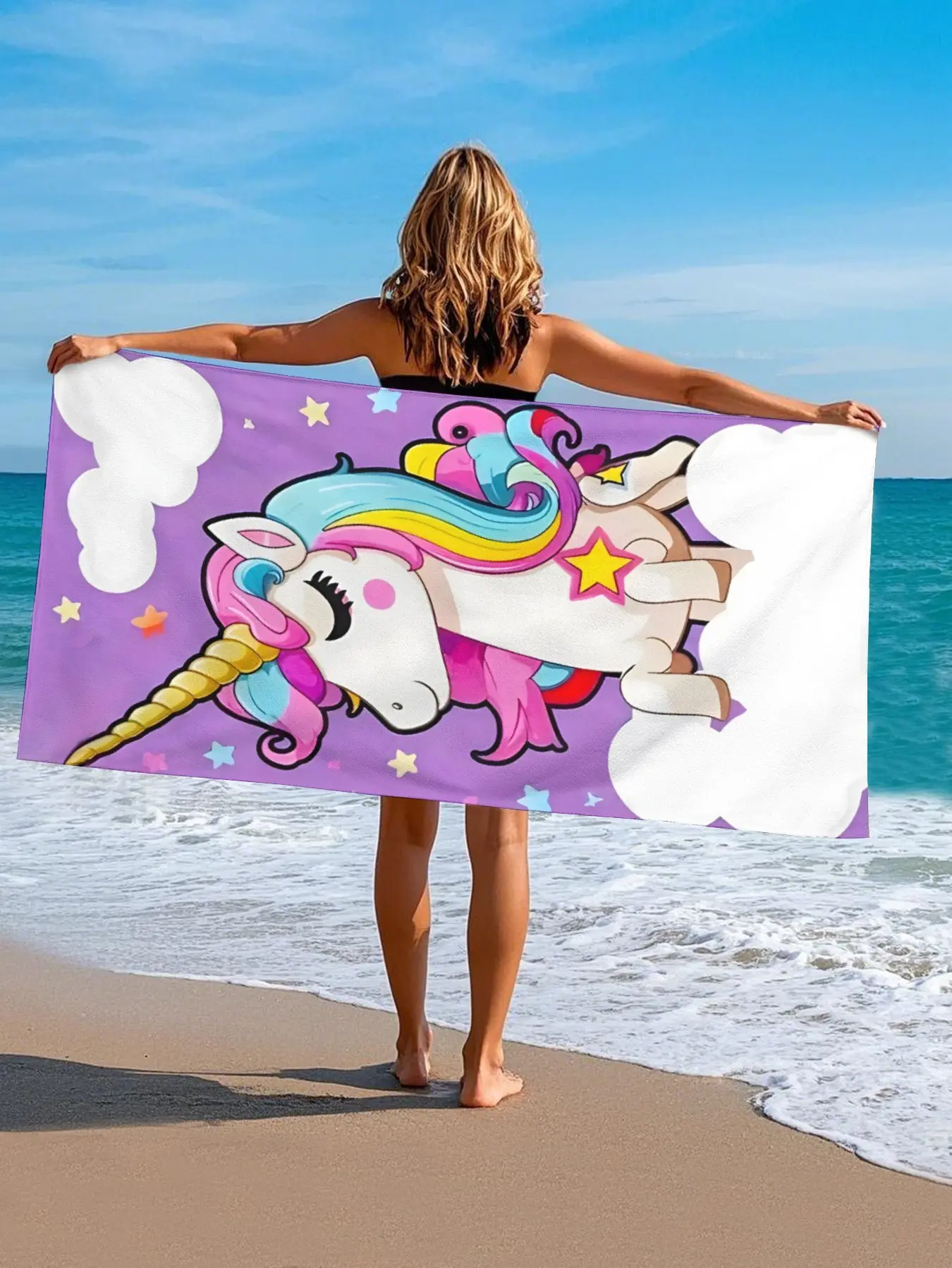 Rainbow Unicorn Print Beach Towel, Unisex Microfiber Fabric, High Absorbency & Machine Washable. Ideal for Beach, Yoga and Pool.