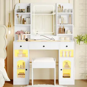 Vanity Desk with LED Mirror & Lights, Glass Top Dressing Table with 3 Drawers, Lighted Vanity Table,Storage Shelves, Stool & RGB Cabinets, Ideal for Bedroom