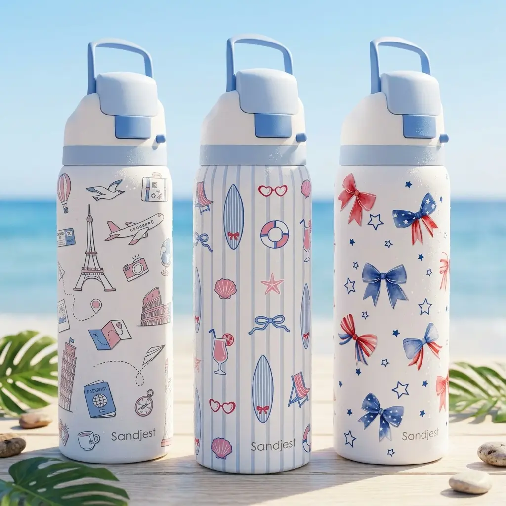 SANDJEST Summer 32oz Water Bottle with Straw Push Button Lid, Stainless Steel Portable Reusable Leak Proof Drinkware, Great for Travel Outdoor Beach
