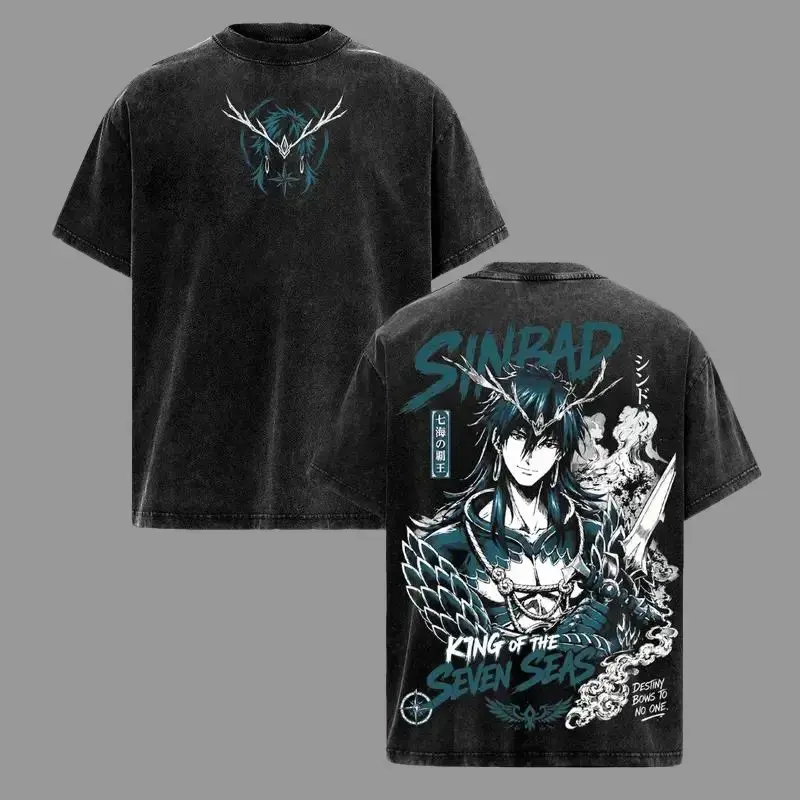 Men's Magi The Labyrinth of Magic Sinbad 7 Seas Vintage Washed Graphic Tee - Oversized Heavyweight Cotton Sindria Kingdom Streetwear Anime Fan Gift