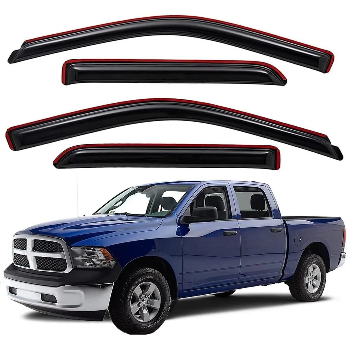 In-Channel Wind Deflector Visor Rain Guard - 4-Piece Smoke Shade Tape-On Vent Shades for 2009-2024 Dodge Ram 1500 & 2500 Crew Cab, Extra Durable, UV Protection, Wind Shielding, Fresh Air Circulation, 2 Front Deflectors, Sun Protection, Reduces Sun Exposur