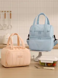 Lunch Box for Women - Insulated Lunch Bag with Extra Pockets, Double Deck Insulated Lunch Box, Quilted Puffer Lunch Tote, Leakproof, Durable & Reusable Large Lunch Cooler For Work Picnic Travel Meal Prep, Dark Pink