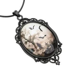 Bat Cemetery Glass Pendant Necklace Neck Chain Gothic Style Choker for Women Men