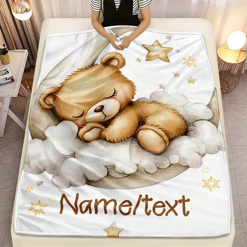 Personalized Teddy Bear Snuggly Blanket - Custom Name/Text Soft Flannel Bedding, Lightweight All-Season Comfort for Home Travel, Birthday/Anniversary Gifts, Snuggly Blankets