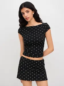 Cotton-blend Boat Neck Polka Dot Ruched Tee & Mini Skort