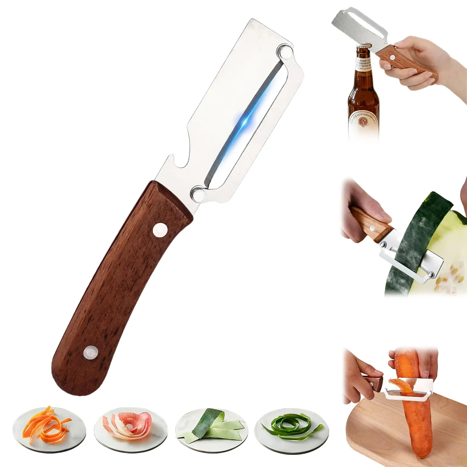 LZDJTQ Multi Functional Premium Vegetable Peeler with Wooden Handle and Bottle Opener Stainless Steel Blade Kitchen Tool for Fruit Potato Pumpkin Papaya