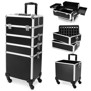 4 in 1 Rolling Makeup Train Case Portable Cosmetic Trolley Large Storage for Professionals with 360° Swivel Wheels Salon Barber Case Traveling Cart Trunk BLACK