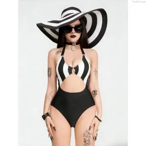 2026 Women’s Goth Colorblock Striped One-Piece Swimsuit with UV Protection, Hollow-Out Halter High-Cut Design, Edgy Swimwear for Summer Beach Vacations, Pool Parties & Travel
