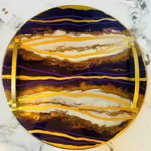 Amethyst Purple, Gold & Pearl White Home Decor Tray Coffee Table or Ottoman Vanity Tray, Handmade Glam Resin Decor Geode Agate Inspired