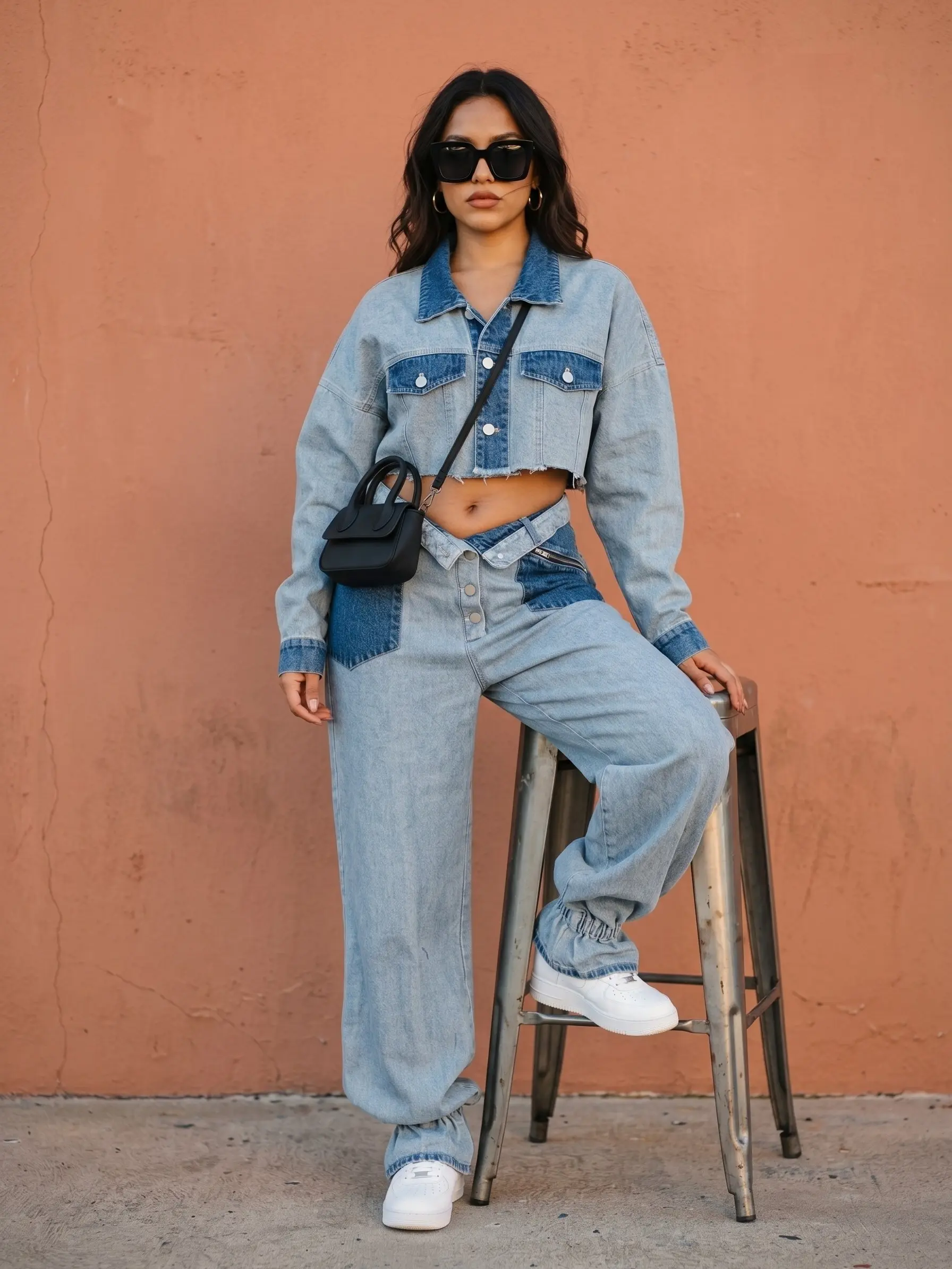 Cropped Contrast Denim Set