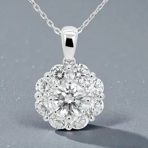 2Ct Halo Zircon Necklace – 14K Solid White Gold, Adjustable 16"-18" Chain Pendant