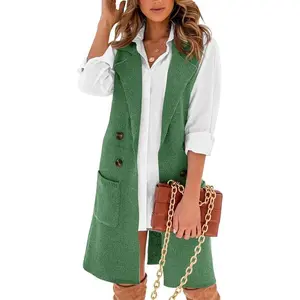 Women Open Front Lapel Collar Cardigan Vest Button Down Long Sweaters Cardigan Solid Outerwear Coats Tops Green