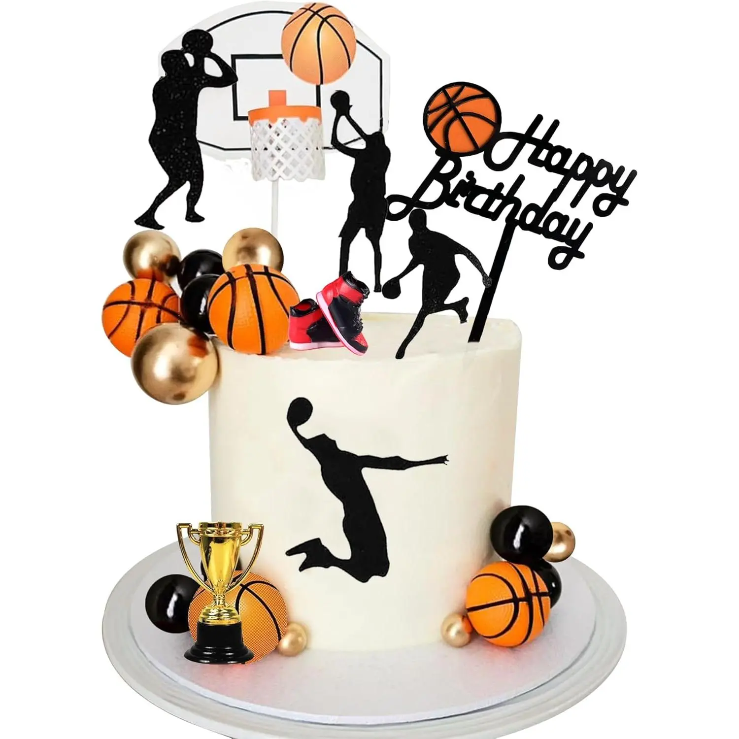 P-PSD038   25 PCS Basketball Cake Toppers Black Gold Balls Cake Decorations Basketball Theme Cake Decoration for Boy Birthday Sport Party Supplies Trophy Ornaments