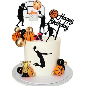 P-PSD038   25 PCS Basketball Cake Toppers Black Gold Balls Cake Decorations Basketball Theme Cake Decoration for Boy Birthday Sport Party Supplies Trophy Ornaments